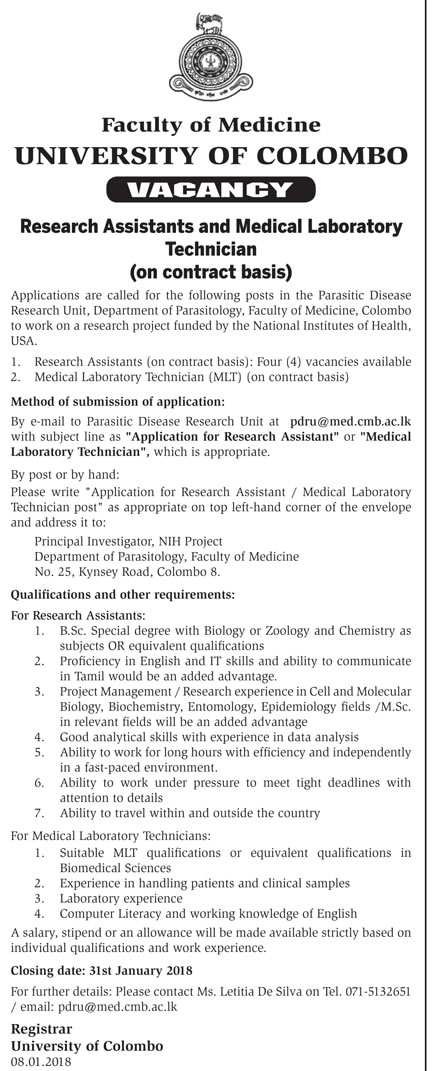 Research Assistant, Medical Laboratory Technician - University of Colombo